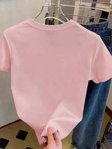 Women's Short-Sleeved T-Shirt With A Round Neck, Loose Fit, And Cute Casual Design. A Casual Summer And Vacation Outfit With A "Blessing" Print. Suitable For Holidays Such As Valentine's Day, Back To School, And Teacher's Day. This Short-Sleeved T-Shirt With A Letter Print Is Soft, Loose, And Comfortable, Offering A Versatile And High-End Casual Style. - 羅莎 - 查看 4