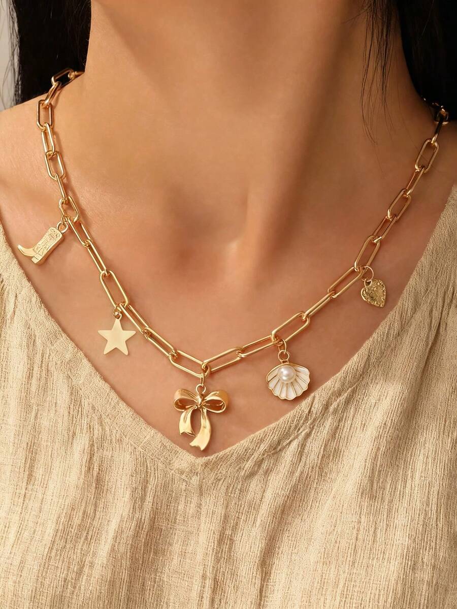 1pc Fashionable ZA Pendant Necklace, Retro Boho Beach Style With Starfish, Shell, Bow And Multi-Pendant Design, Single Strand Choker Necklace, Party/Holiday Gift, Versatile Accessory