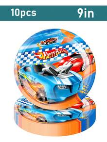 Juego de 10 piezas/Set de decoraciones para fiesta de cumpleaños con tema de autos, juego de vajilla desechable con patrón de autos de carreras que incluye platos, vasos, servilletas, adecuado para fiestas de cumpleaños con tema de carreras para niños - A - Ver 10