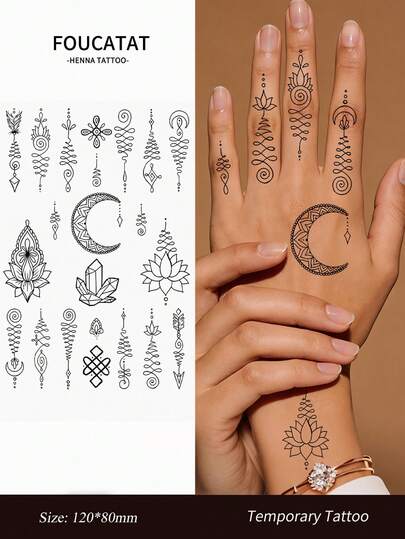 1 Tờ hình xăm henna đen chống thấm nước, hình hoa, trăng, sen, hình xăm tạm thời cho nữ, hình xăm mandala giả cho tay và ngón tay nữ.