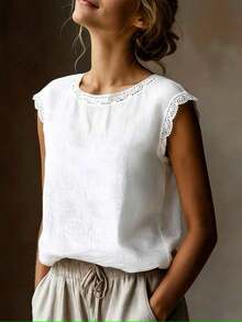 Camiseta de manga corta de mezcla de lino vintage para mujer, cuello redondo con encaje, corte holgado, transpirable, color blanco de verano. - Azul cielo - Ver 3