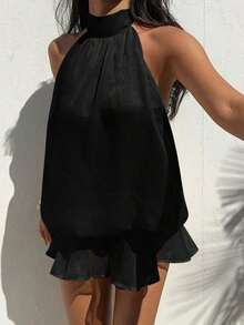 Vestido mini elegante de mujer con cuello halter y lazo en color amarillo claro - Negro - Ver 9