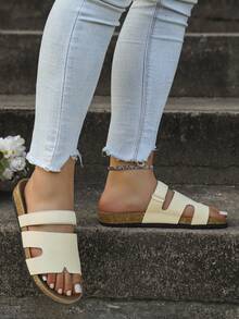 Women's New Soft Cork Bottom Casual Slippers, Elegant Beach Resort Bohemian Casual Fashion Sexy PU Leather Hollow Out Flat Sandals, Beach Summer - White - View 5