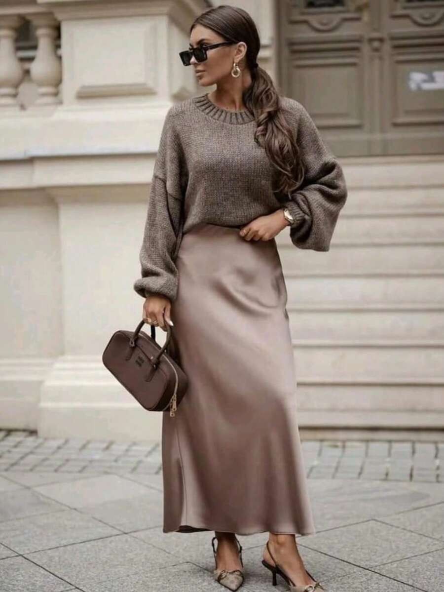 Women's Elegant Casual Satin Midi Skirt - Grey - View 1