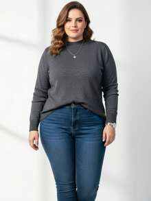 Vivi Women's Plus Size Wool Sweater For Cold Weather, Basic Knit, Long Sleeve - 深灰色 - 查看 3