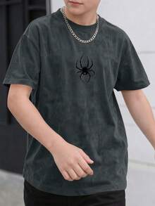 1 pièce T-shirt casual à manches courtes en suède synthétique imprimé araignée, mode hip-hop pour pré-adolescents - Gris - Voir 4
