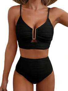 Conjunto de bikini de traje de baño de mujer con volantes, textura sólida y recortes huecos, separados, para vacaciones de playa en verano 2025 - Negro - Ver 5