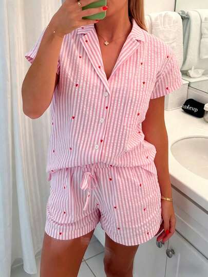Women's Striped Heart-Shaped Casual Pajama Set With Elastic Waist Shorts, Suitable For Spring, Summer And Autumn