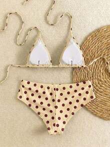 Nuevo conjunto de bikini con estampado de lunares sexy, espalda descubierta y lazo, con tirantes de espagueti para playa y piscina en vacaciones - Beis - Ver 7