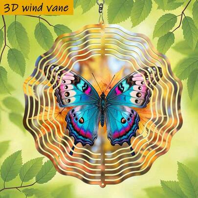 1pc 3D "Blue Butterfly Resting On Yellow Leaves" 10in*10in Metal Wind Chime Decor With 360° Rotating Hook, Durable Christmas Gift (Pendant Not Included), Random Style