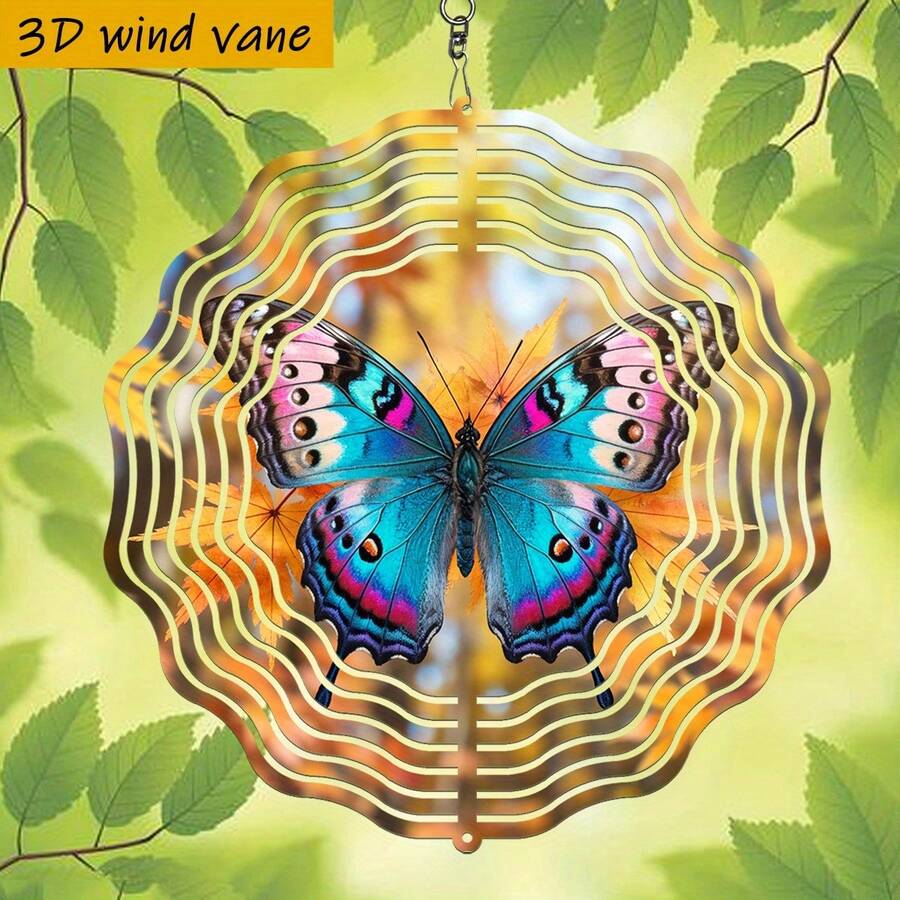 1个3D立体“蓝蝴蝶栖息黄叶”金属风铃装饰，尺寸10英寸*10英寸，带360°旋转挂钩，经久耐用，是理想的圣诞礼物（不含吊坠），款式随机。