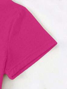 Camiseta de manga corta de cuello redondo de unicolor para uso diario casual de mujer - Rosa Fucsia - Ver 3