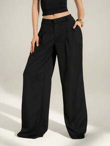 Tall Pantalones anchos de cintura alta plisados de estilo empresarial sexy y casual - Pantalones sueltos de unicolor elegante, ropa profesional de oficina, pantalones de trabajo con corte elegante para mujeres - Negro - Ver 5