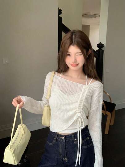 秋季女款抽绳蝴蝶结长袖露肩套头针织毛衣
