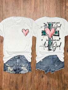 Women's T-Shirt With Christian Inspirational Graphic Print - "Look Back And See How Far You've Come" - Short Sleeve Crew Neck T-Shirt With Cross And Heart Design, Medium Elasticity Casual T-Shirt For Summer And Spring, Machine Washable, Cute T-Shirts, Casual Wear, Floral Detail T-Shirt, Non-See-Through Material, Medium Elasticity Fabric, Breathable And Comfortable. - 白色 - 查看 1