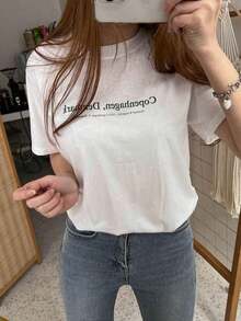 Camiseta de mujer de cuello redondo, casual de verano, con gráfico de eslogan - Blanco - Ver 5