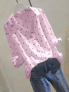 Camisa de mujer con botones y diseño de puños con corbata, de manga 3/4 con lunares, versátil para uso casual, de negocios, para ir y venir del trabajo, y para usar en primavera/verano/otoño de vacaciones - Rosa - Ver 2