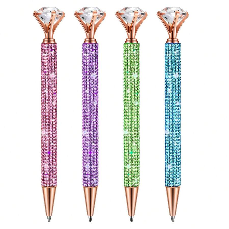 1pc Diamond Pen With Crystal Rhinestone Metallic Glitter Diamond Ball Pen, Black Ink, Wedding Bride Shower Gift - A - View 1