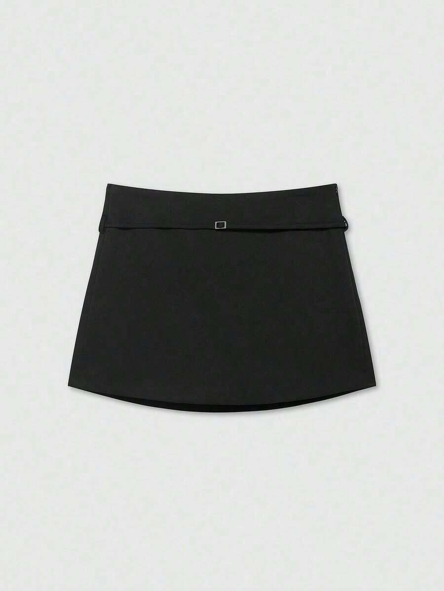 Falda pantalón negra de unicolor minimalista para uso casual, oficina y viajes, con hebilla y cinturón, para verano - Negro - Ver 1