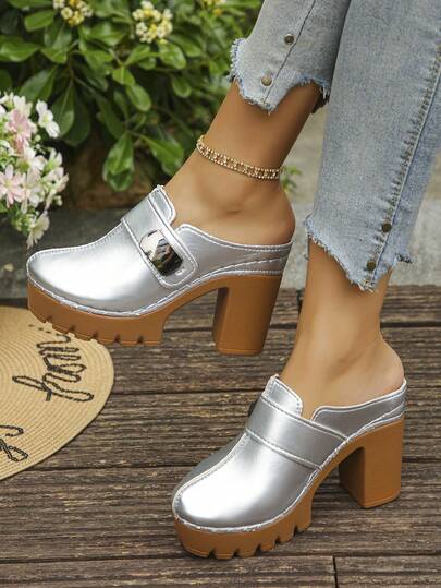 1 par de sandalias de tacón alto con decoración de metal de unicolor minimalista, cómodas para mujeres con tacón grueso, zapatos de plataforma de moda plateados, estilo minimalista para uso diario y fiesta en verano, zapatos plateados