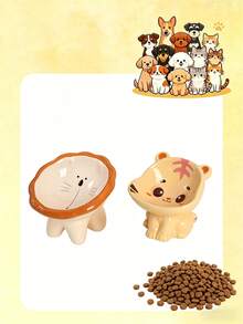 1个陶瓷宠物碗，猫粮碗，狗粮碗，宠物零食碗，小型狮虎造型宠物碗碟，宠物喂食碗，饮水碗，浅边宠物碗，高脚颈保护倾斜猫碗狗碗，猫狗食物碗宠物用品 - 均碼 - 查看 4