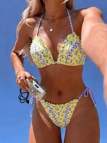 Bộ bikini gợi cảm buộc dây sau cổ in họa tiết dành cho nữ, thích hợp cho kỳ nghỉ hè ở bãi biển. - Nhiều màu - Xem 1