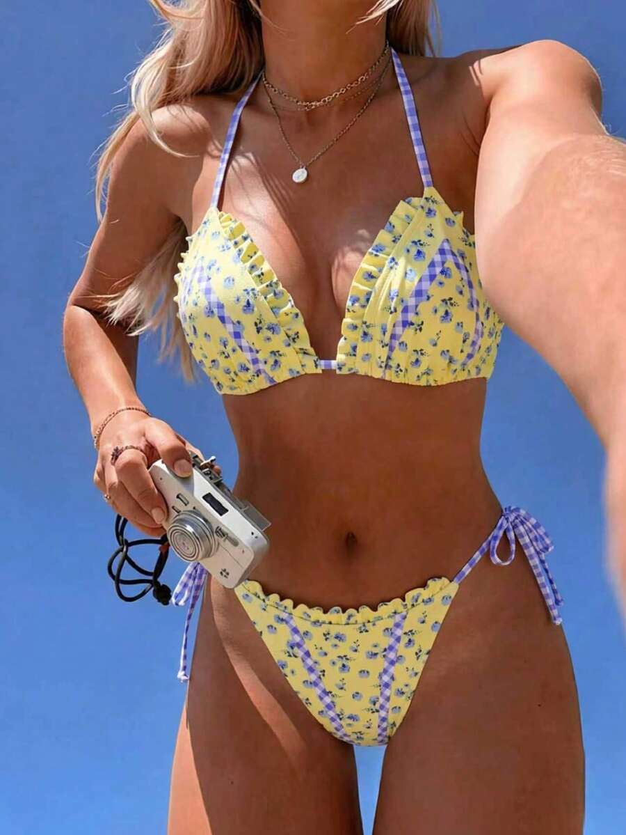 Bộ bikini gợi cảm buộc dây sau cổ in họa tiết dành cho nữ, thích hợp cho kỳ nghỉ hè ở bãi biển. - Nhiều màu - Xem 1