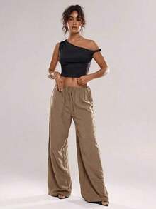 Pantalones casuales de uso diario de unicolor con cordón en la cintura para mujeres - Marrón - Ver 2