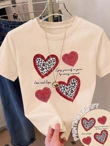 Camiseta Casual de Manga Corta con Cuello Redondo para Mujer, con Estampado Gráfico de Corazones de Guepardo para un Look Adorable WF9K - Caqui - Ver 12