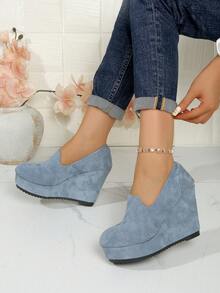 Fashion Platform Slip-On New Minimalist Spring/Autumn Outdoor Plus Size Women's Wedge Heel Thick Bottom Pumps (Shoes Run Small By 1 Size) - Blue - View 6
