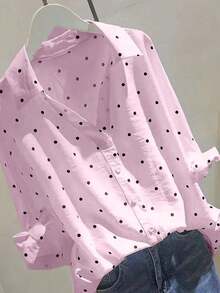 Camisa de mujer con botones y diseño de puños con corbata, de manga 3/4 con lunares, versátil para uso casual, de negocios, para ir y venir del trabajo, y para usar en primavera/verano/otoño de vacaciones - Rosa - Ver 6