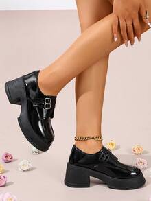 Women's Black Patent Platform Loafers, All-Match Chunky Heel Shoes For School/Office/Events - màu đen - Xem 3