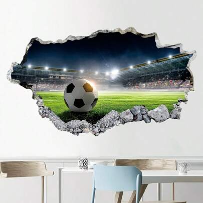 1 件 3D 破墙效果夜景足球场墙贴，可移除自粘防水 PVC 贴纸，适用于男孩卧室、客厅、儿童房和家居装饰。