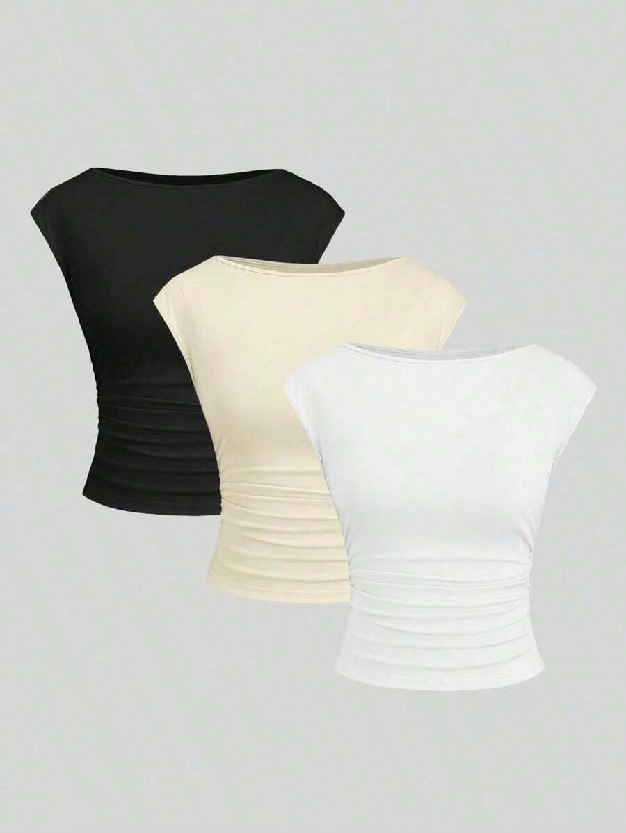 Set de 3 piezas de Top/camiseta de mujer ajustada, de manga corta, con espalda recortada, transpirable y que absorbe la humedad - Multicolor - Ver 1