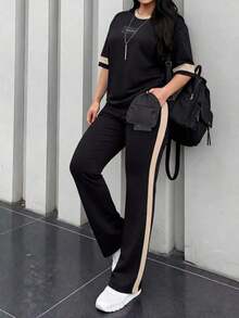 2 piezas Conjunto de camiseta de manga corta de cuello redondo y pantalones sueltos de cintura elástica para mujer, para uso diario casual y elegante en primavera/otoño - Negro + Albaricoque - Ver 6