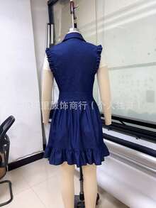 2026 New Fashionable Sleeveless Ruffled Zipper Pocket Denim Dress - 深色水洗藍 - 查看 4