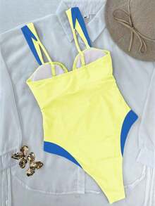 Traje de baño de una pieza con bloques de color para mujer.El contraste de color sexy favorece la figura, perfecto para vacaciones en la playa y atuendos casuales.Negro verano - Amarillo - Ver 3