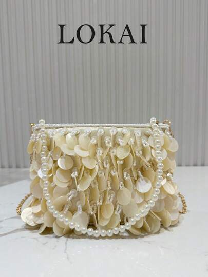 1pc Handmade Pearl Embroidered Dumpling Shaped Bag, New Spring/Summer Banquet Style Ladies Handbag Shoulder Bag, Faux Bamboo Handle, Summer Beach Vacation Wristlet, Suitable For Ladies Vacation, Beach Trip, Wedding, Gala, Important Gatherings