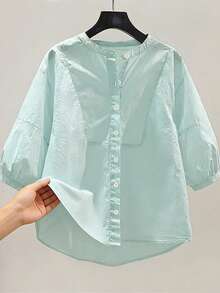 Summer Loose Women's Shirt, Short-Sleeved Maternity Shirt - 孔雀綠 - 查看 3