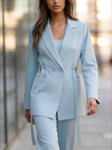 Chaqueta de traje de mujer con doble botonadura y cordones en color marrón, abrigo delgado y de longitud media para ir al trabajo, tela suave y elegante, prenda exterior casual elegante para mujeres de 25 a 45 años en primavera - Celeste - Ver 2
