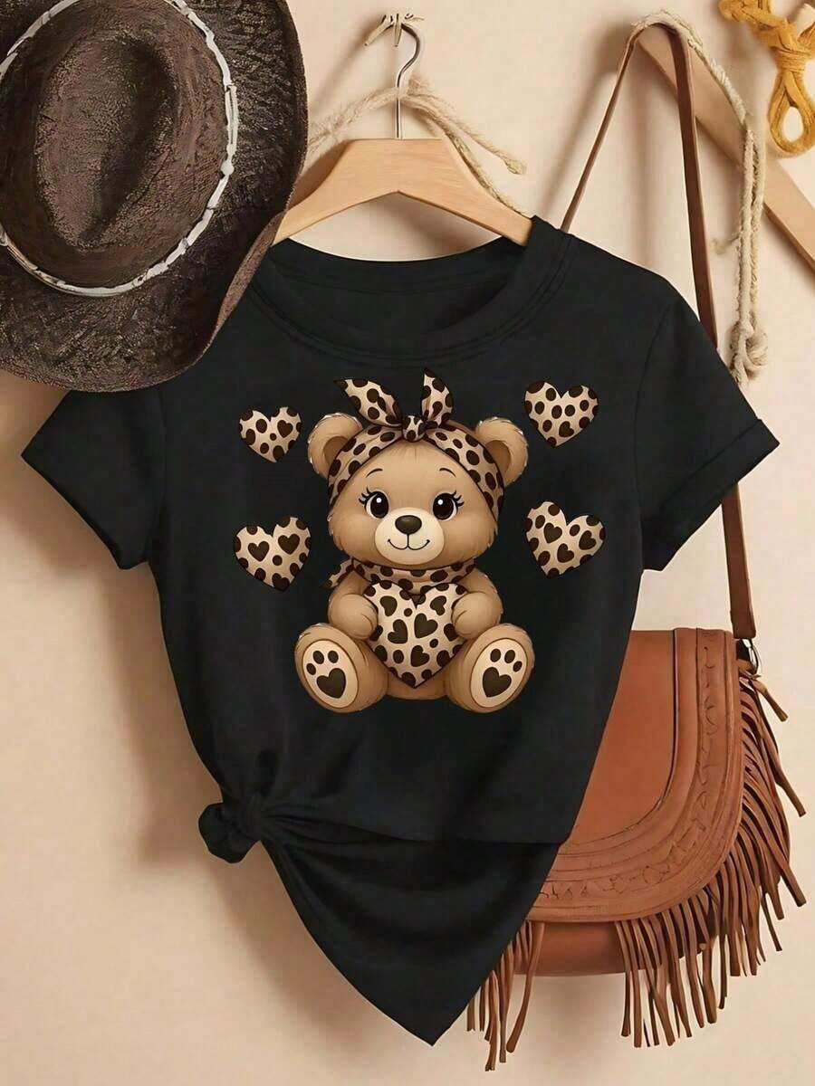Camiseta Casual de Corte Holgado para Mujer, Transpirable y Cómoda, Ultra Suave de Algodón Puro, Manga Corta, Blanca con Estampado Gráfico de Oso de Peluche y Corazones, Estilo Coquette Animal Art, Camiseta para Uso Diario para Mujer - Valor predeterminado 1 - Ver 1