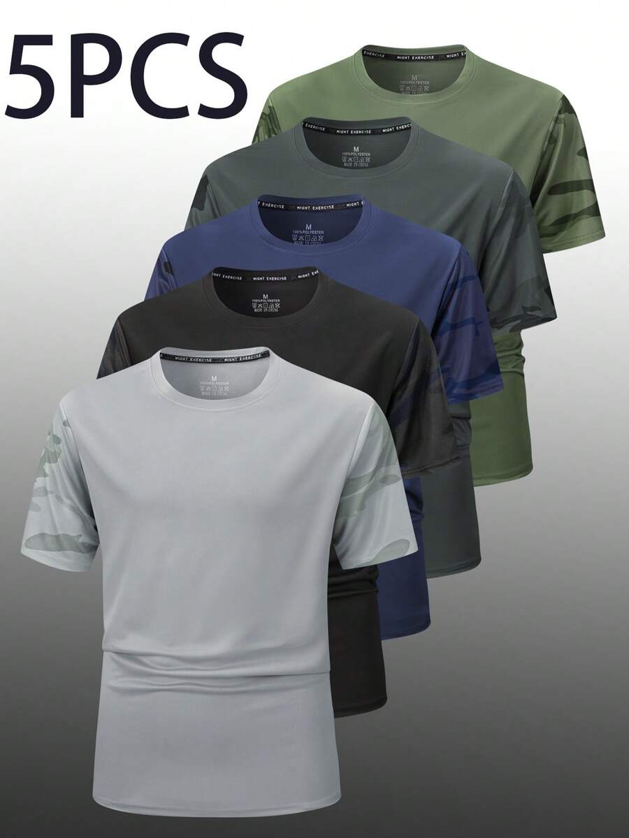5pcs/Set Men's Camouflage Short Sleeve Crew Neck T-Shirts, Suitable For Running, Training And Casual Daily Wear - Multicolor - View 1