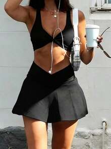 WBKV Conjunto de 2 piezas de mujer de verano amarillo, estilo deportivo y casual, sexy, con camiseta de tirantes y falda de cintura alta con forro de pantalón corto, adecuado para correr, hacer ejercicio, yoga, gimnasio - Negro - Ver 9