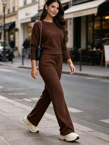 Women's Long Sleeve Knit Set, Casual Urban Fashion, Perfect For Parties Or Nights Out, Comfortable - Rỉ Nâu - Xem 2