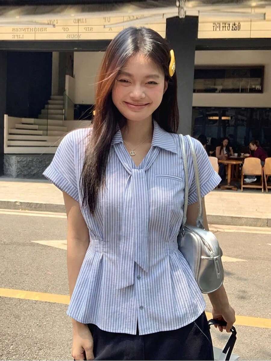 女士短袖条纹束腰蝴蝶结衬衫 - 藍色 - 查看 1