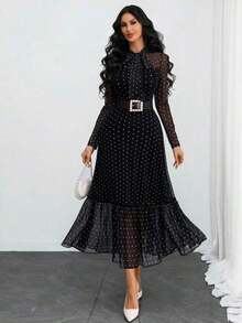 Vestido elegante, sexy y romántico de lunares retro de doble capa con lazo, adecuado para el trabajo, citas y vacaciones de primavera - Negro - Ver 4