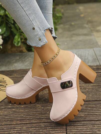 1 par de sandalias de plataforma con tacón alto y cómodo, decoración de metal de unicolor minimalista, estilo de moda rosa, estilo minimalista para uso diario de verano y fiesta, zapatos rosas, tacones de plataforma, sandalias marrones, sandalias de dedo cerrado para mujer, regalos para la madre