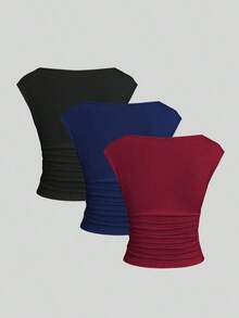 Set de 3 piezas de Top/camiseta de mujer ajustada, de manga corta, con espalda recortada, transpirable y que absorbe la humedad - Multicolor 9 - Ver 2