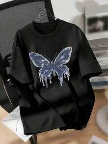 Camiseta manga corta cuello redondo 100% algodón, estampado trendy, tejido ligero y ventilado, estilo moda casual, apta para vida diaria, salidas informales y citas en primavera, verano y otoño - Negro - Ver 7