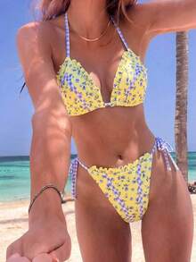 Bộ bikini gợi cảm buộc dây sau cổ in họa tiết dành cho nữ, thích hợp cho kỳ nghỉ hè ở bãi biển. - Nhiều màu - Xem 5